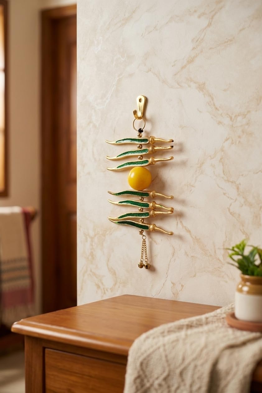 KridayKraft Gold Plated Nimbu Mirchi Hanging for Nazar Suraksha, Evil Eye Protection Decor for Home, Office, Multicolour Decorative Wall Hanging.