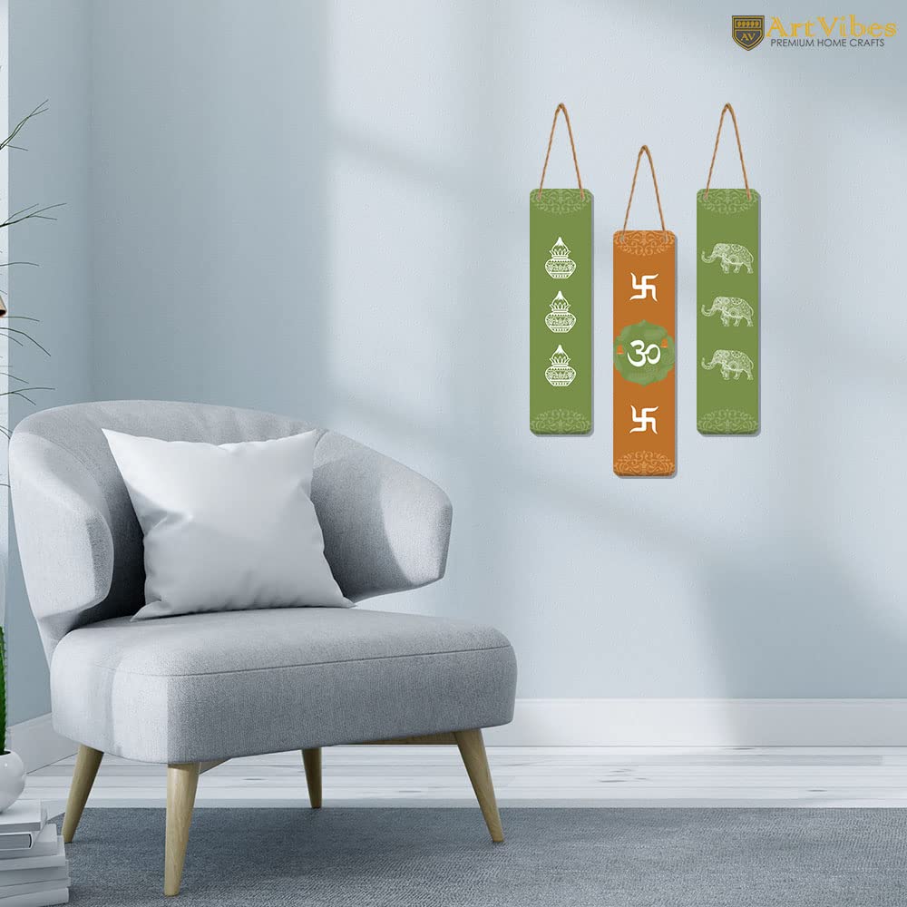 Artvibes Auspicious Symbols Wooden Wall Hanger for Good Luck | Prosperity Home | Office | Spiritual Decor Items | Wall Poster | Art Prints| Stylish Modern Decor Item | Gift Items (WH_8105N), Set of 3
