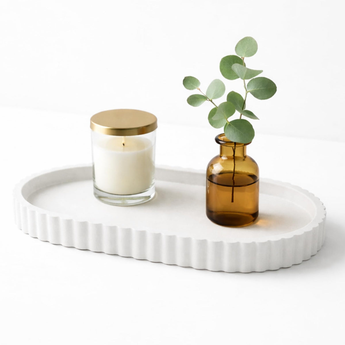 Bathroom Tray for Counter | White Concrete Vanity & Trinket Tray for Jewelry, Perfume & Toiletries Organizer | Oval Decorative Tray for Dresser, Bathroom & Table Decor (White, 20 cm) (Stripe Oval)