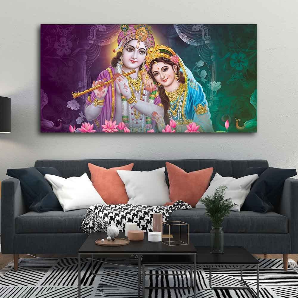 VIBECRAFTS Canvas Paintings for Living Room Drawing Room Colorful Wall Painting of Radha Krishna Fitted with Wooden Frame for Home|Office|Gift(PTVCH_2247)