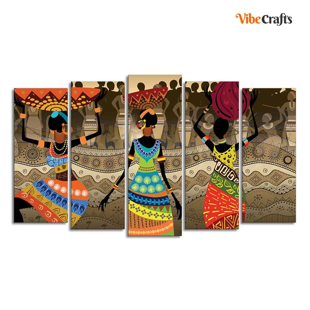 VIBECRAFTS Premium Canvas Wall Painting of African Warli Art Set of Five Pieces For Home|Office|Living Room|Gift (PTVC5Pcs2_6634N)
