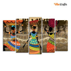 VIBECRAFTS Premium Canvas Wall Painting of African Warli Art Set of Five Pieces For Home|Office|Living Room|Gift (PTVC5Pcs2_6634N)