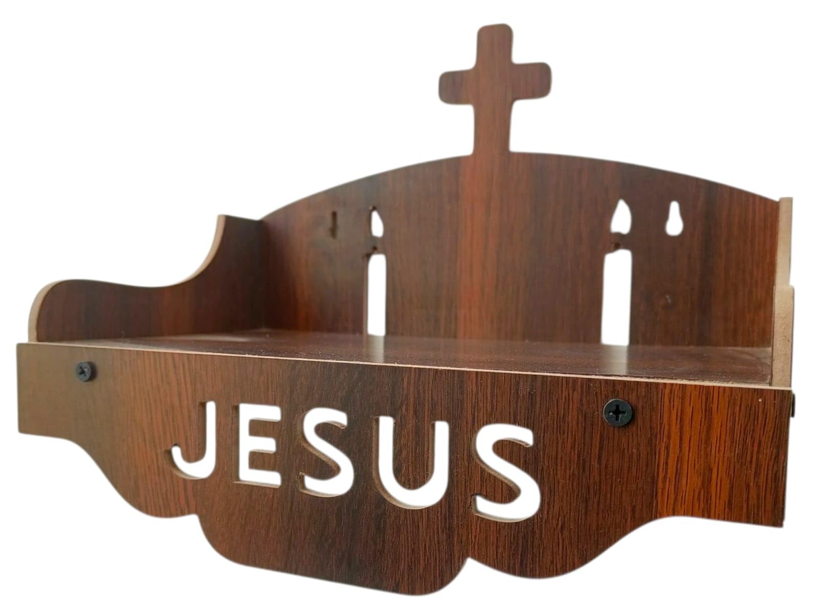 Jesus Wooden Wall Shelf with Cross Design Christian Pooja Stand for Home