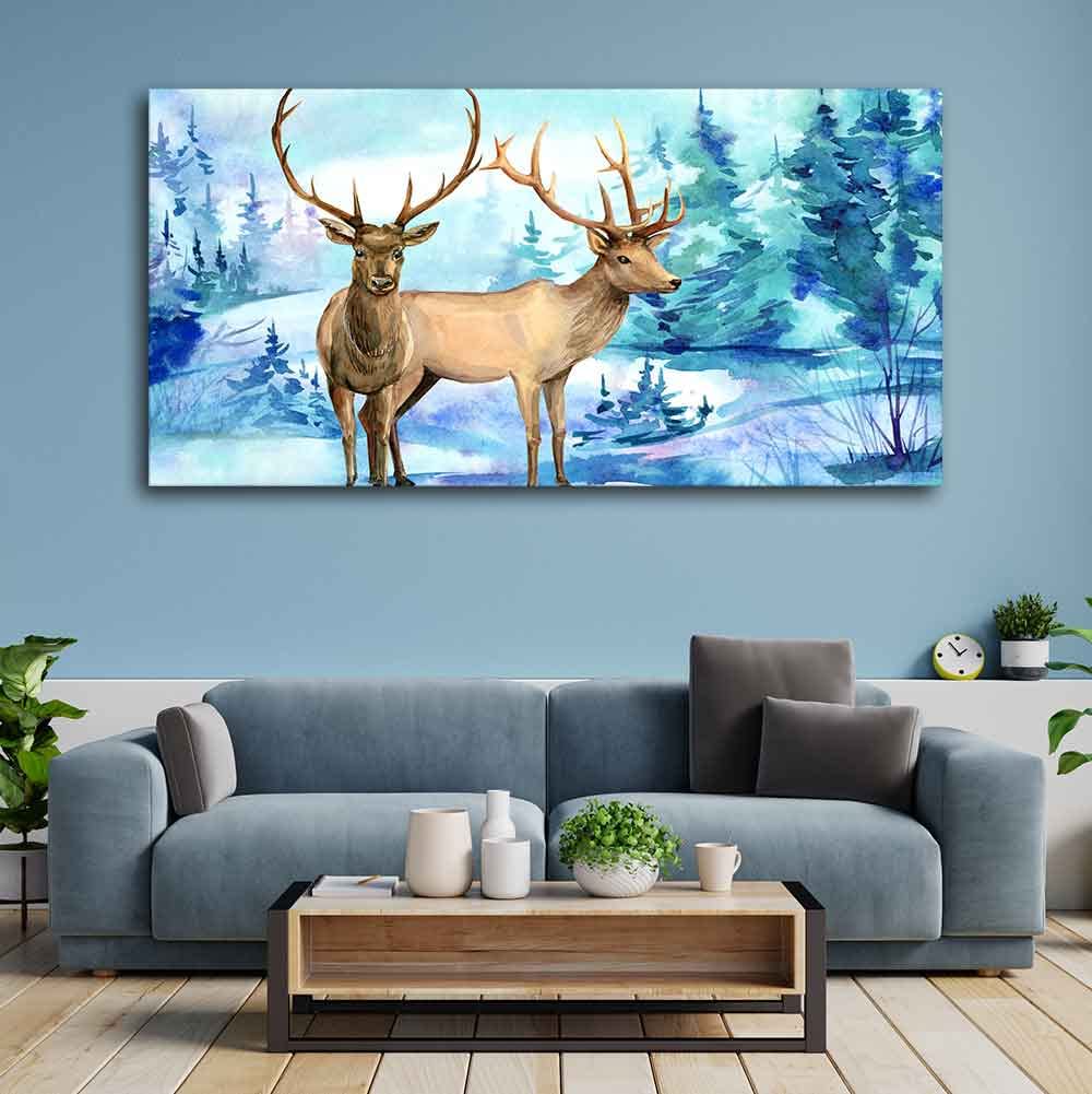 VIBECRAFTS Canvas Paintings for Living Room Drawing Beautiful Pair of Deer in Snow Covered Forest Wall Painting Art Fitted with Wooden Frame Home | Office | Gift (PTVCH_2260)