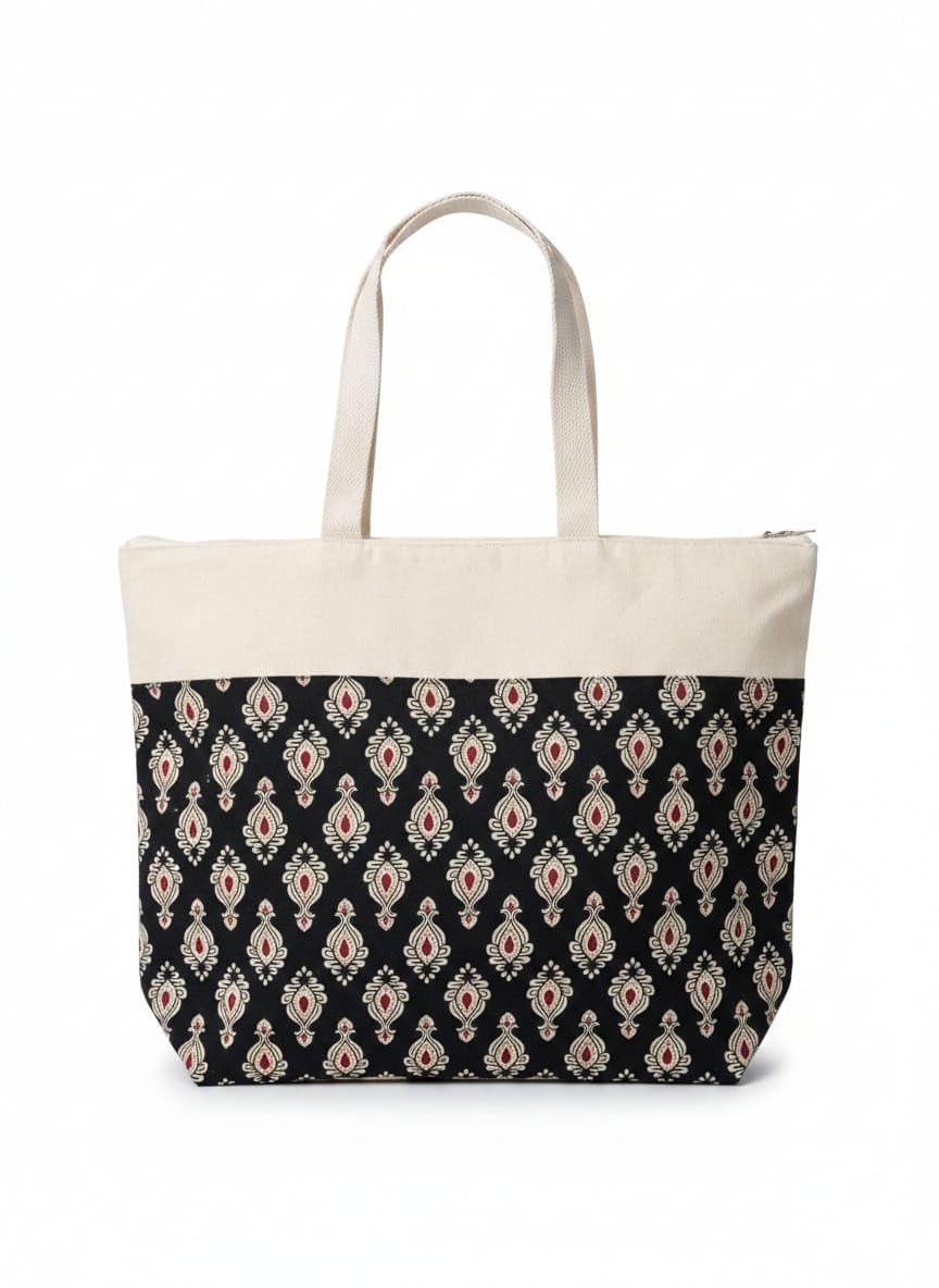 Artizanvilla Ajrakh Print Canvas Tote Bag for Women | Eco-Friendly Reusable Shoulder Bag | Ethnic Printed Cotton Canvas Shopping Tote | Large Capacity Handbag for Office, College & Travel