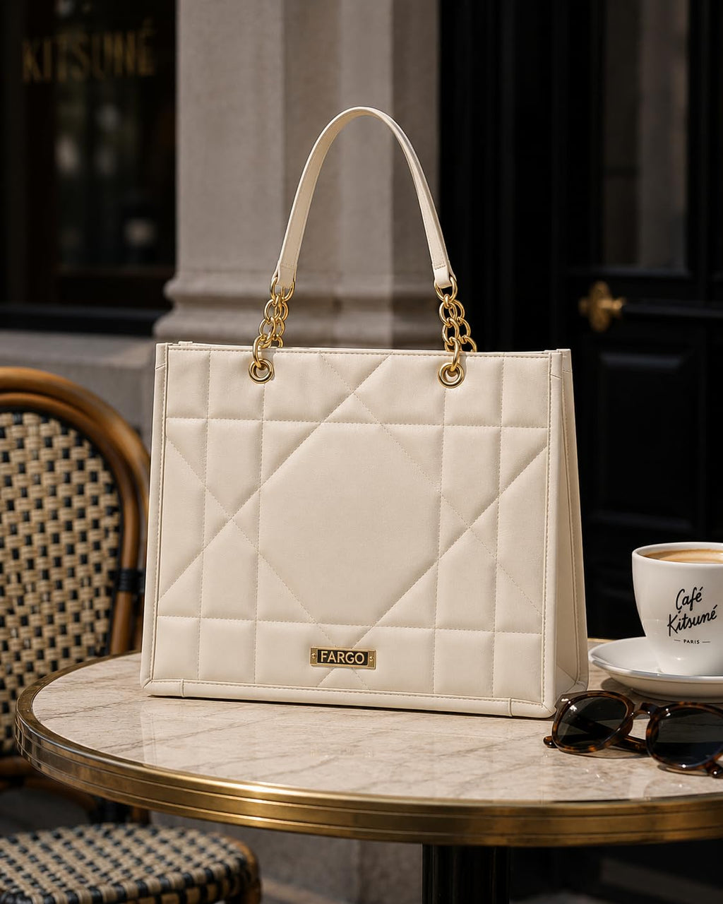 Fargo Matrix Tote Bag for Women | Vegan Leather Handbag with 15-Inch Laptop Compartment, Smooth Zip | Stylish Office, College & Daily Use Tote | Made in India (Ivory)