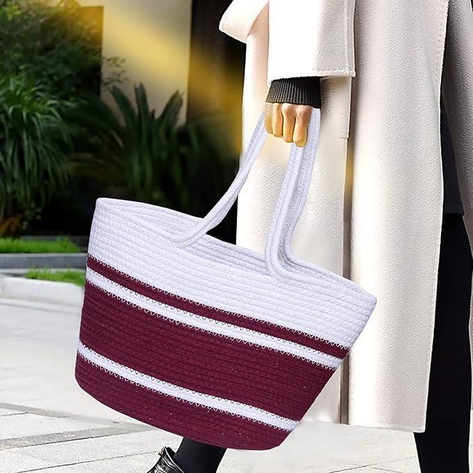 BEAUTIFUL HOMMIES Attractive Hand Bag |large Tote Bag |Summer Bag | Bucket Bag | Basket Bag | Bamboo Tote | Beach Bags for Women|Boho Bag|Handbag |Jute Bag |Handmade Bag (WHITE MAROON)