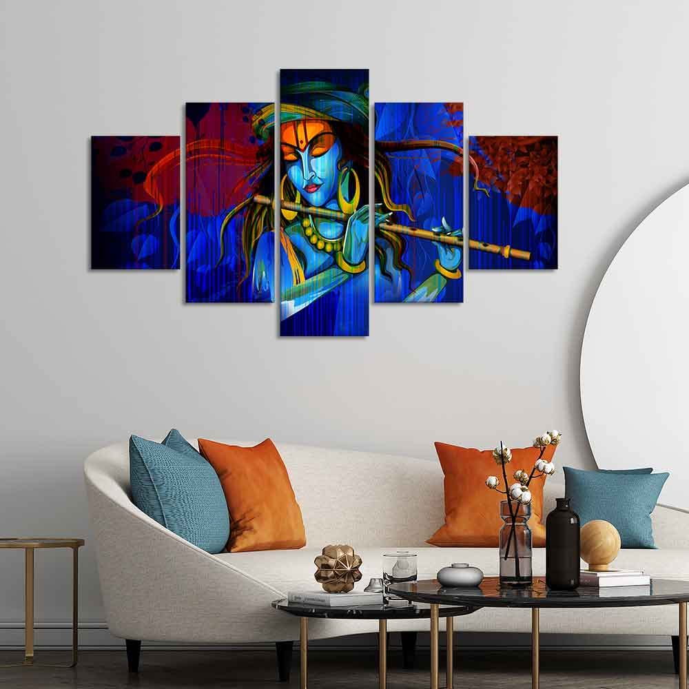 VIBECRAFTS Shree Kanha Playing Flute 5 Pieces Premium Wall Painting For Home|Office|Living Room|Gift (PTVC5Pcs1_5508)