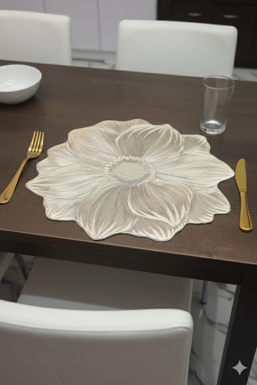 Table Placemats 18pcs Elegant Light Golden Color with Stunning 3D Embossed Design | Durable, Waterproof & Stylish Dining Decor(MFN- TABLEMAT FLOWER-PO18)