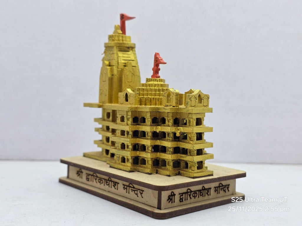 Wooden Dwarikadeesh Temple Miniature Model, Golden Finish, Decorative Religious Showpiece with Red Flags