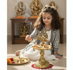 Kridaykraft Metal Peacock Diya Samai Oil Lamp, Gold Finish, Traditional Indian Decor, 19 cm Height, 270 gm, Handcrafted Design