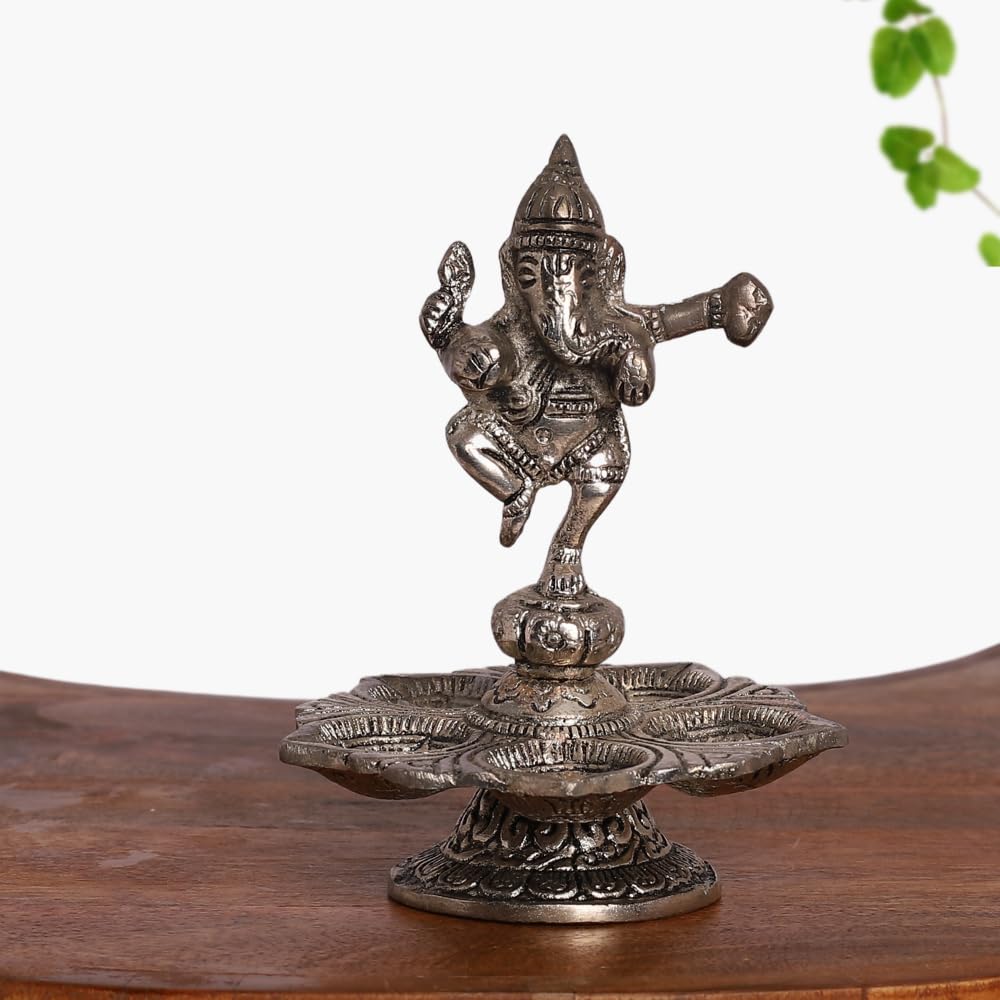 INTERNATIONAL GIFT Silver Plated Dancing Lord Ganesha Idol with Diya – Showpiece for Mandir, Pooja & Home Décor