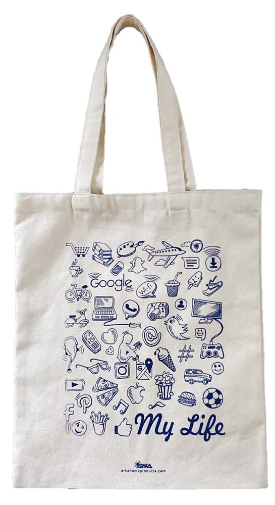 Arka Home Products Cotton My Life Printed Canvas Tote Bag, 17x14 Inch (Off-White)