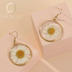 Locrccl Daisy Pressed Flower Earrings - Handmade Resin Real Dried Floral Teardrop Dangle Earring - White Spring Jewelry for Women, Polyester, No Gemstone