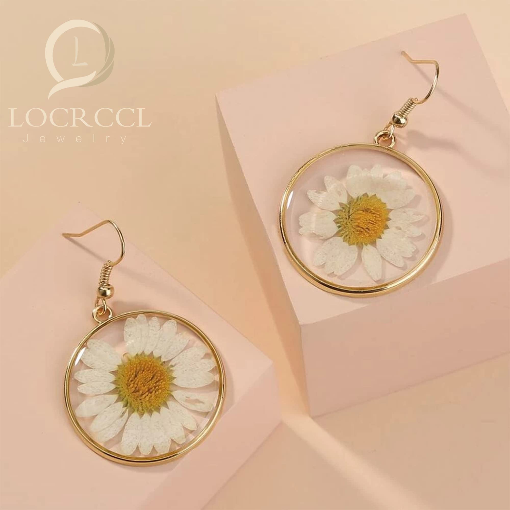 Locrccl Daisy Pressed Flower Earrings - Handmade Resin Real Dried Floral Teardrop Dangle Earring - White Spring Jewelry for Women, Polyester, No Gemstone