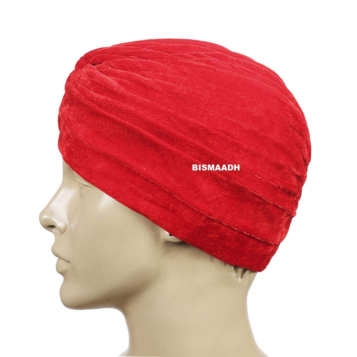 BISMAADH Velvet Soft Pleated Pre Tied Knot Readymade Turban/Pagri Head Wraps for Men & Women Red