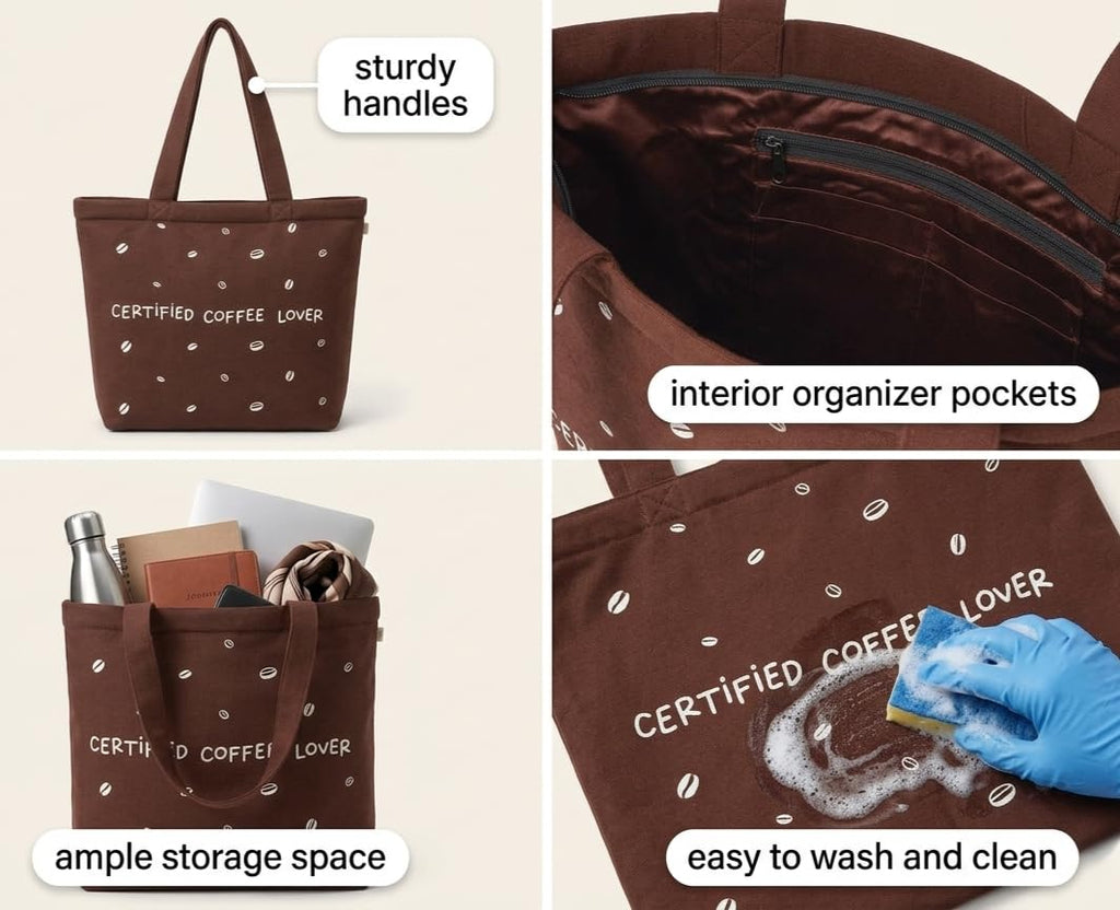 MASQ Premium ToteBag for Women with Zipper | Embroidered Foldable Shoulder Bag with Multiple Pockets | Spacious Handbag for College & Office | Eco-Friendly & Reusable (AP_TB_Coffee_Lover_01)