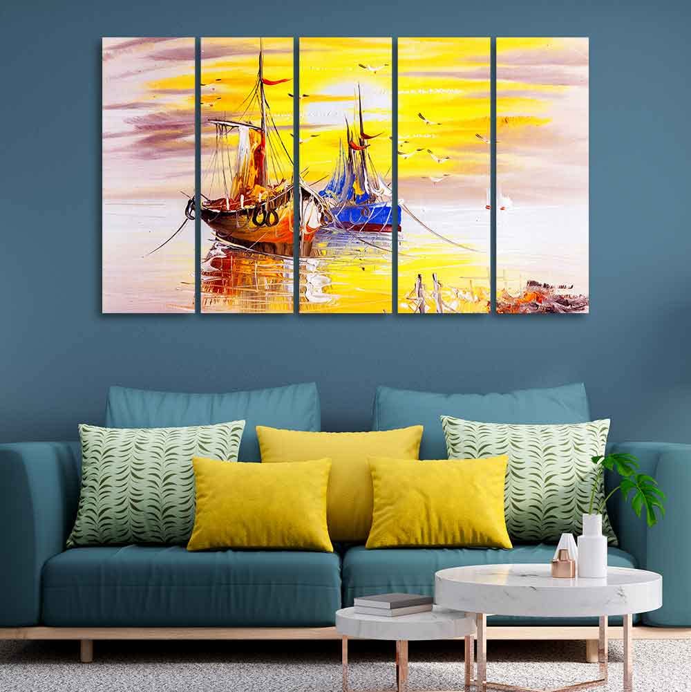 VIBECRAFTS Beautiful Scenery of Sailing Ship on the Ocean Five Pieces Wall Painting For Home|Office|Living Room|Gift (PTVC5Pcs4_8620)
