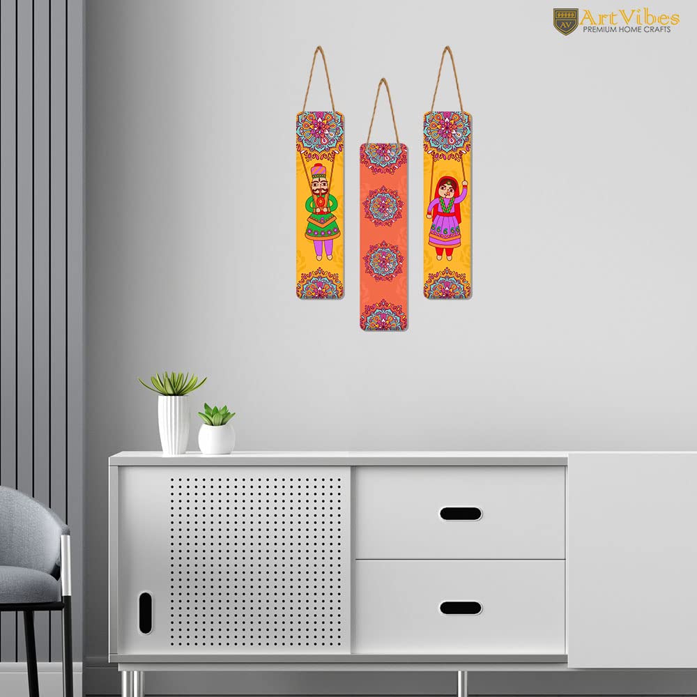 Artvibes Dancing Puppets Wooden Art Decoration Item for Living Room | Living Room | Office | Cafe | Painting Wall Decor | Wall Illustrations | Handcrafted Art | Gift Items (WH_8103N), Set of 3
