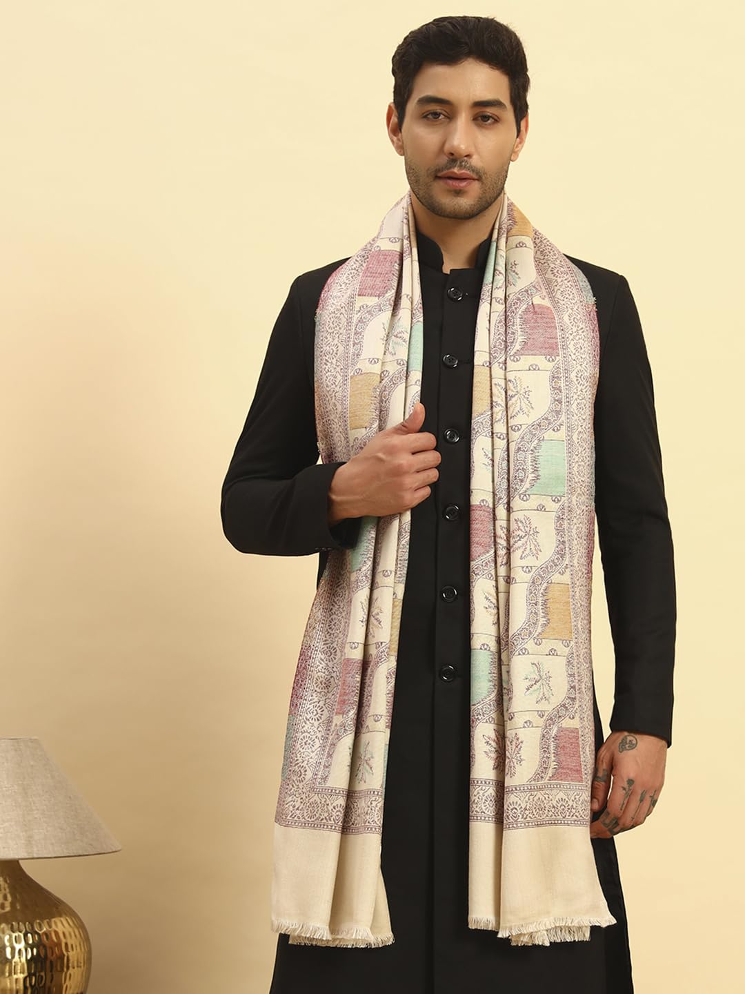Pashmoda Men Floral Geometry Kaani Stole, Authentic Kashmiri Luxury Pashmina Style Shawl, Stole, Small Size Gents Lohi, (Size 28x80 Inches,Fawn Color) MAVST09