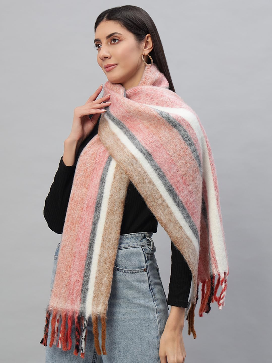 Ravaiyaa - Attitude is everything Reversible Wool Scarves Striped Pattern Women Neck Wraps Muffler Winter Wool Scarf 72 x14 Inch (Red & White)