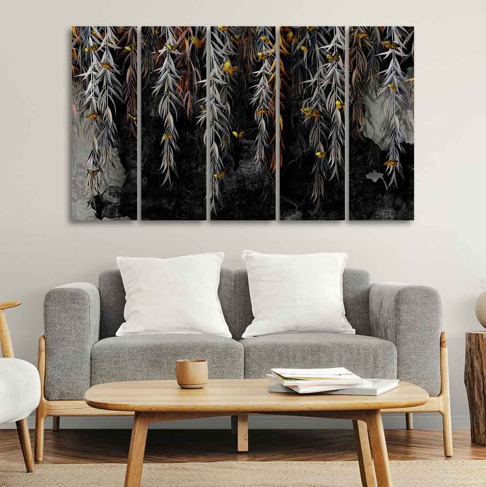VIBECRAFTS Willow Branches with Gold Butterflies Wall Painting of Five Pieces For Home|Office|Living Room|Gift (PTVC5Pcs4_8723)