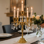 Extreme Karigari Premium 12 Inch Golden Aluminum 5-Arm Candle Stand with Crystal Hangings | Luxury Centerpiece for Home Décor, Weddings, Festive Decoration & Dining Table