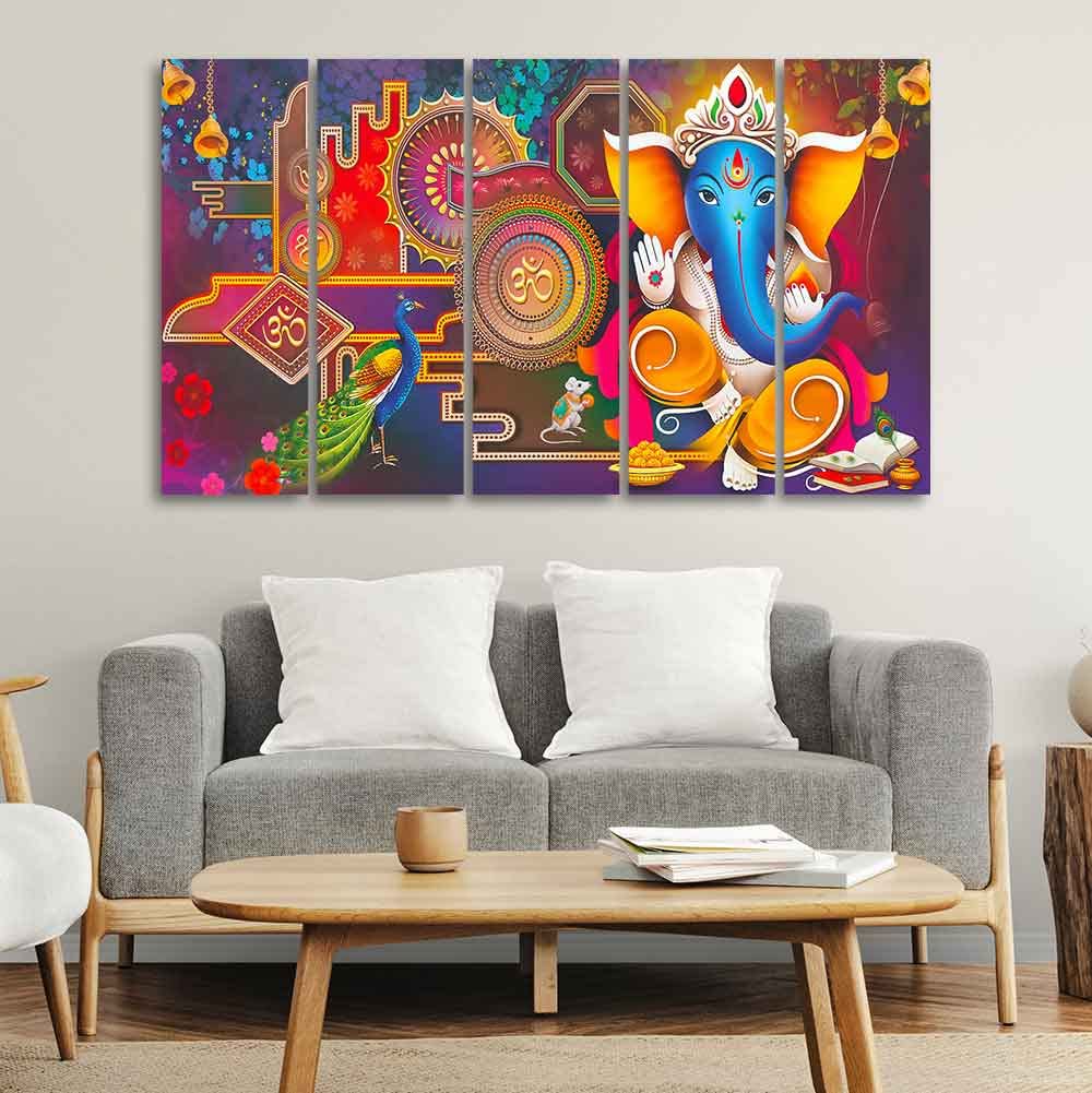 VIBECRAFTS Ganesha Canvas Wall Painting of Five Pieces For Home|Office|Living Room|Gift (PTVC5Pcs4_8674)