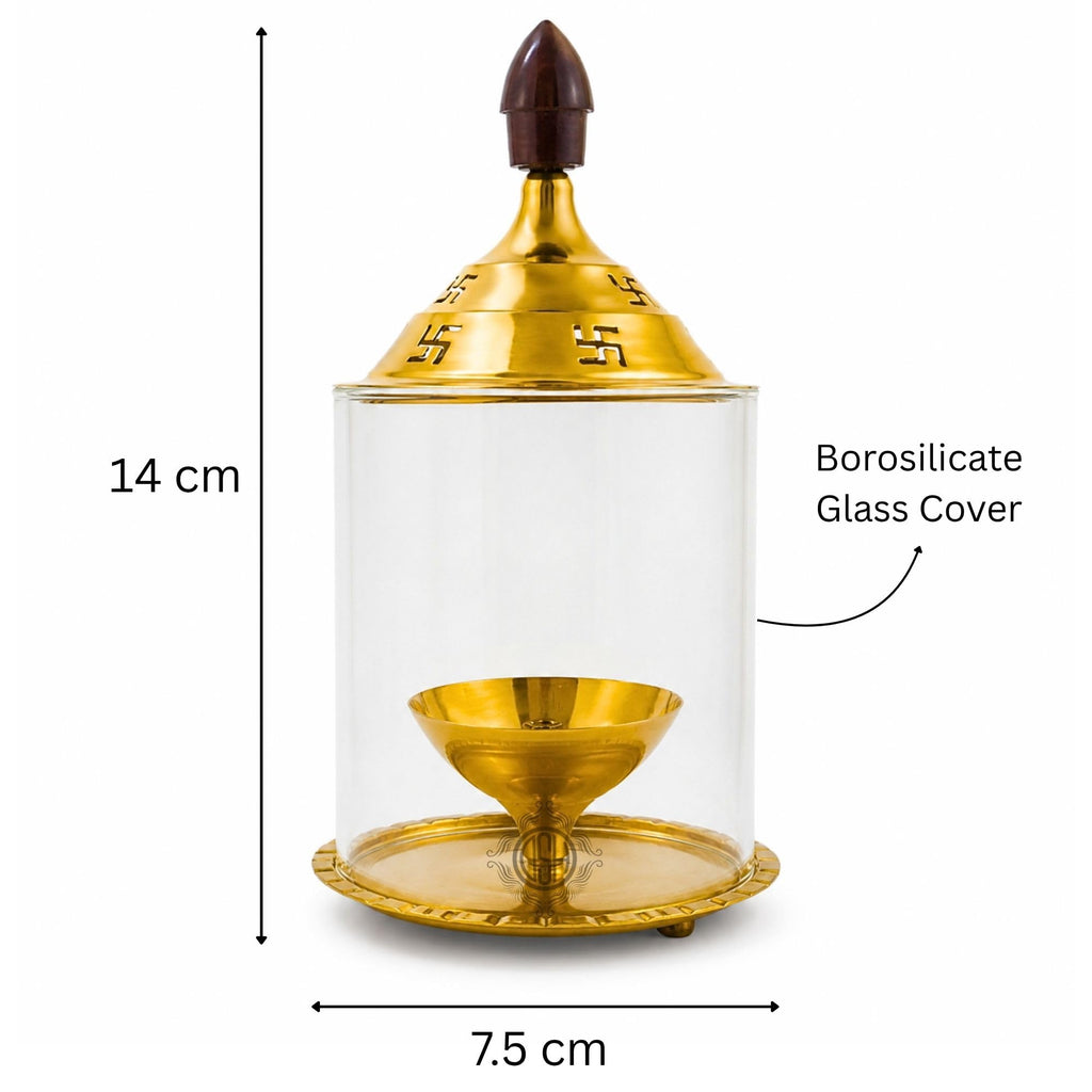 DSH Brass Akhand Diya Decorative Brass Glass Oil Lamp and Tea Light Holder for Diwali Pooja and Gift Item. (S)