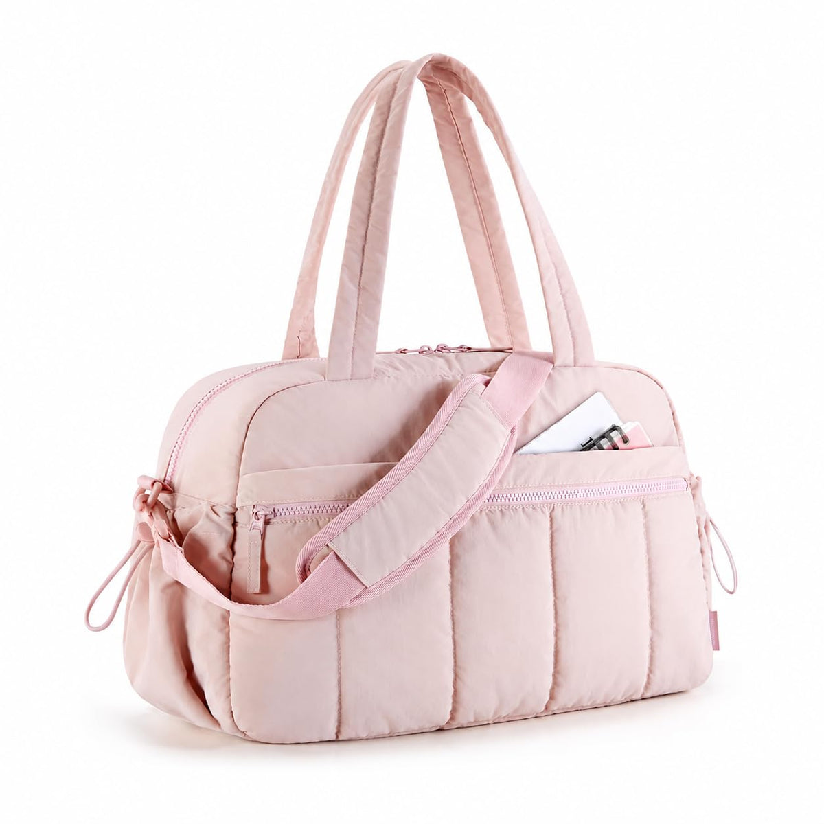 LITTLE CURIOUS Women's Travel Duffel Bag | Travel Water-Resistant PufferTote Bag | Gym Bag with Adjustable Shoulder Strap & Trolley Sleeve for Travel (Pink)