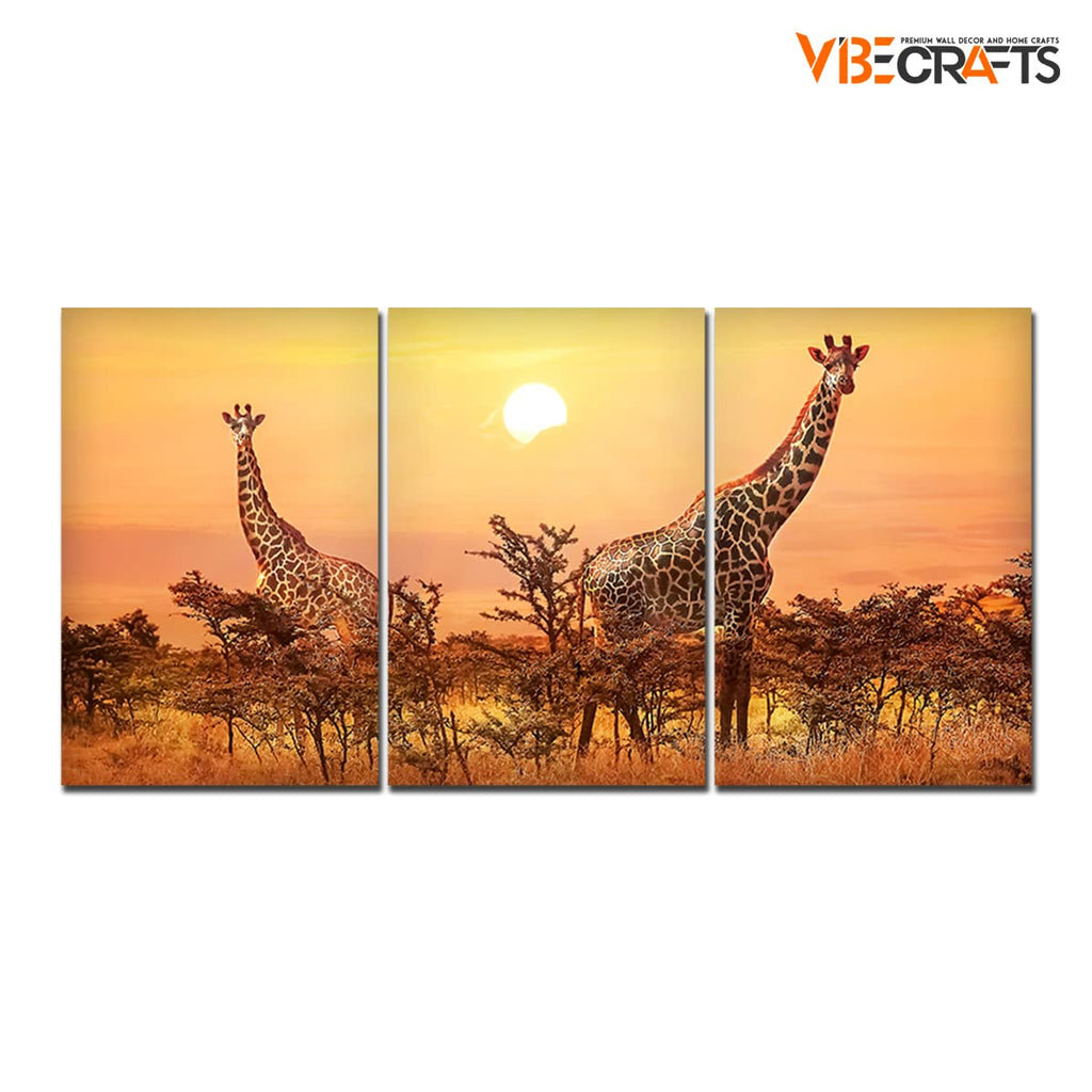 VIBECRAFTS Beautiful Giraffes Sunset In Background 3 Pieces Canvas Wall Painting Fitted With Wooden Frame For Home | Office | Living Room | Gifts(PTVC3Pcs3_11503)
