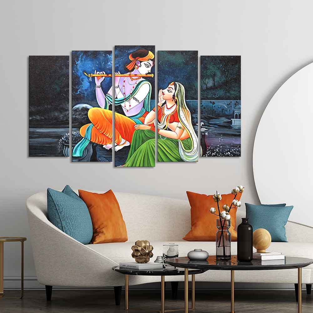VIBECRAFTS Radha Krishna in Dark Forest Set of Five Pieces Wall Painting For Home|Office|Living Room|Gift (PTVC5Pcs2_6578)