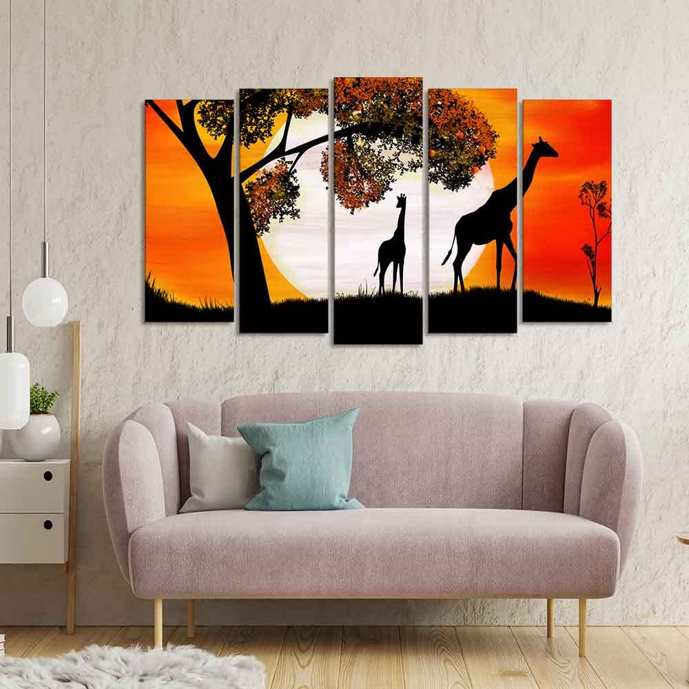 VIBECRAFTS A Pair of Giraffe under a Tree in Sunset Canvas Wall Painting of Five Pieces For Home|Office|Living Room|Gift (PTVC5Pcs2_6623)