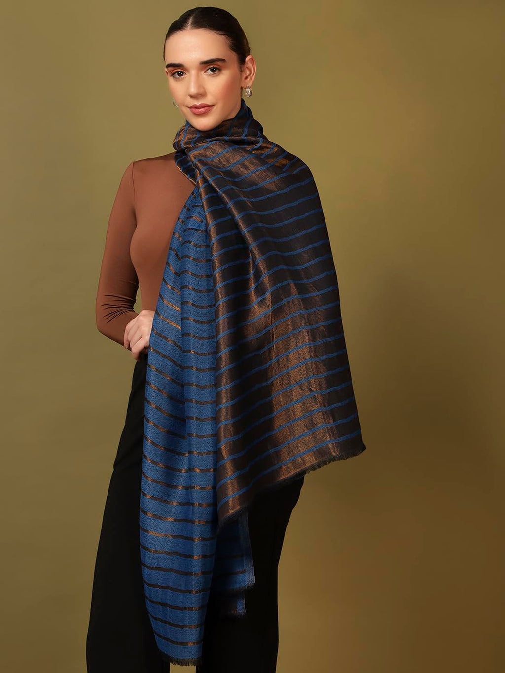Pashmoda Women Golden Mirage Reversible Zari Moonlight Fine Wool Stole (Size : 28x80in, 71X203cm) ZSST05