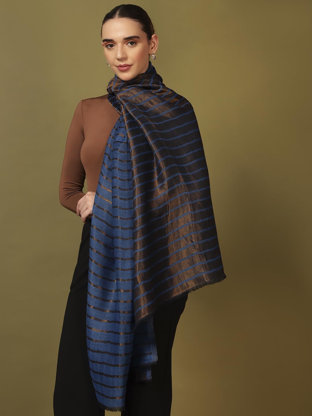 Pashmoda Women Golden Mirage Reversible Zari Moonlight Fine Wool Stole (Size : 28x80in, 71X203cm) ZSST05