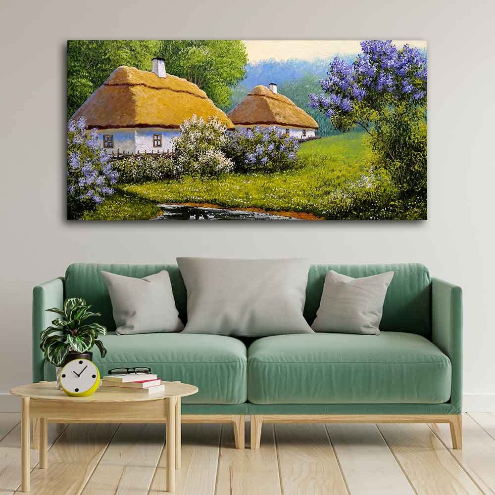 VIBECRAFTS Canvas Paintings for Living Room Drawing Room Huts In Old Village Canvas Wall Painting Fitted With Wooden Frame For Home | Office | Living Room | Gift (PTVCH_2489N)