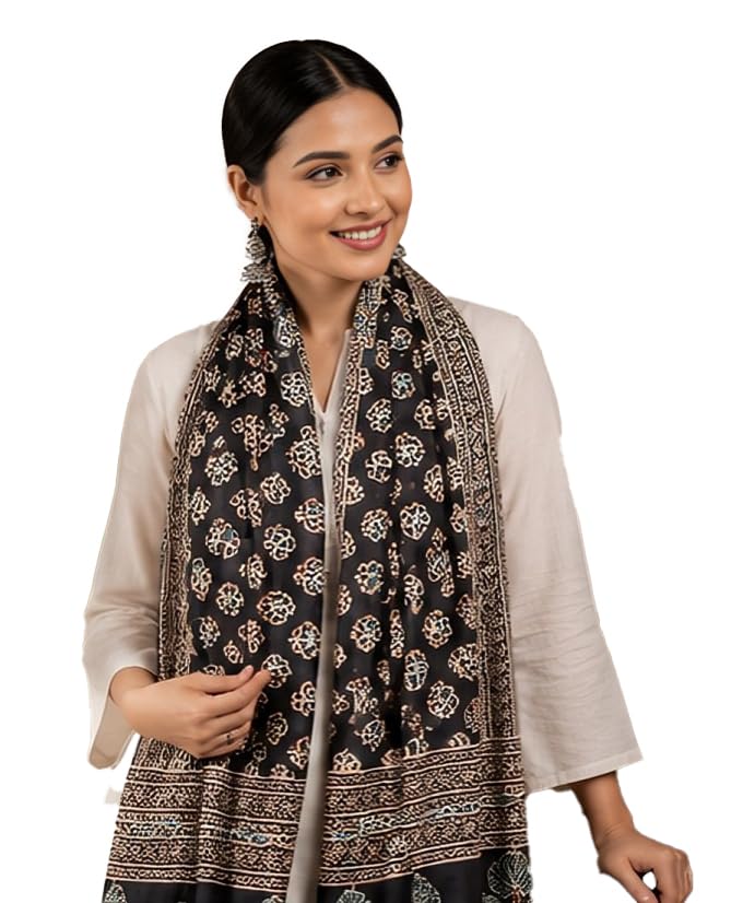 NK Textiles Women's Ajrakh Batik Hand Block Print Pure Mul Cotton Scarf/Stole (22x72)
