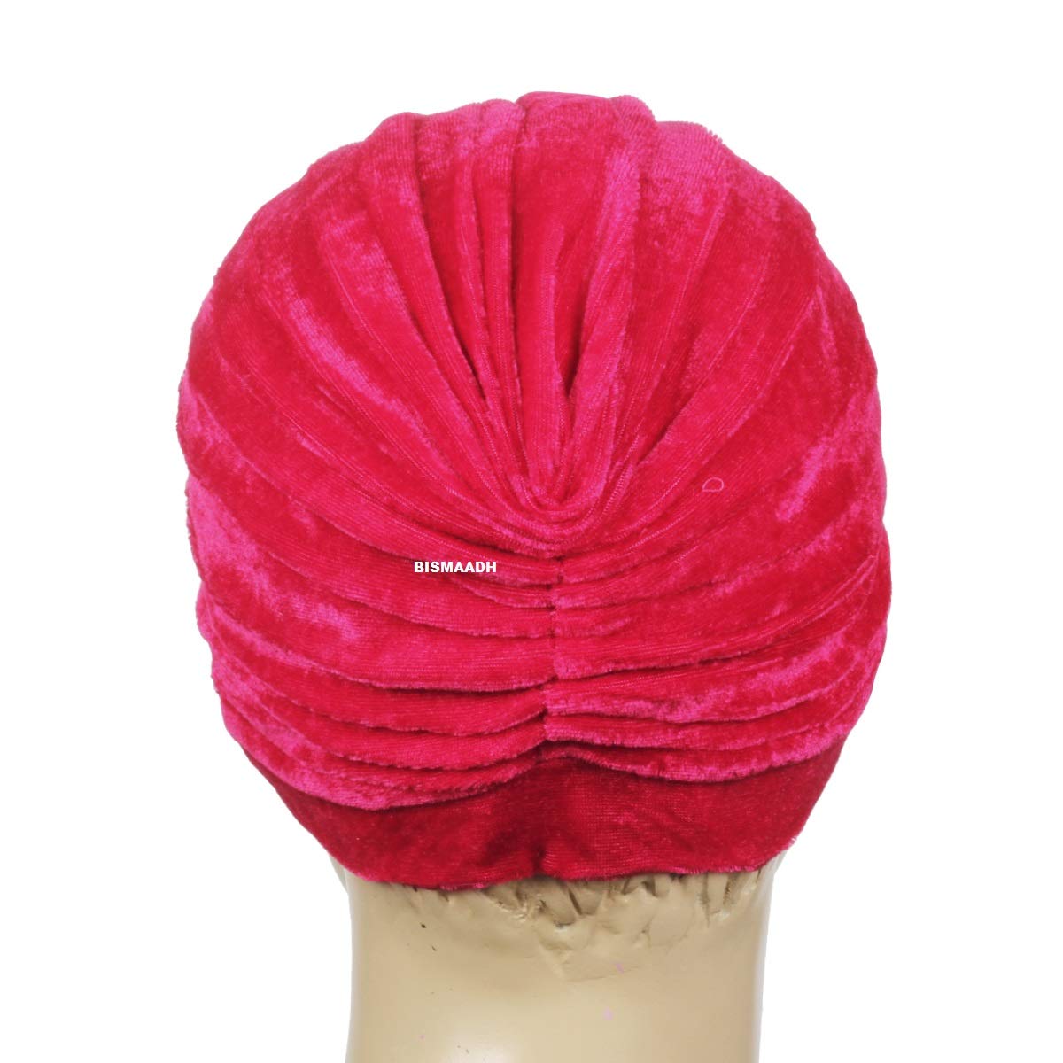 BISMAADH Velvet Soft Pleated Pre Tied Knot Readymade Turban/Pagri Head Wraps Cap for Men & Women, Red, Free Size