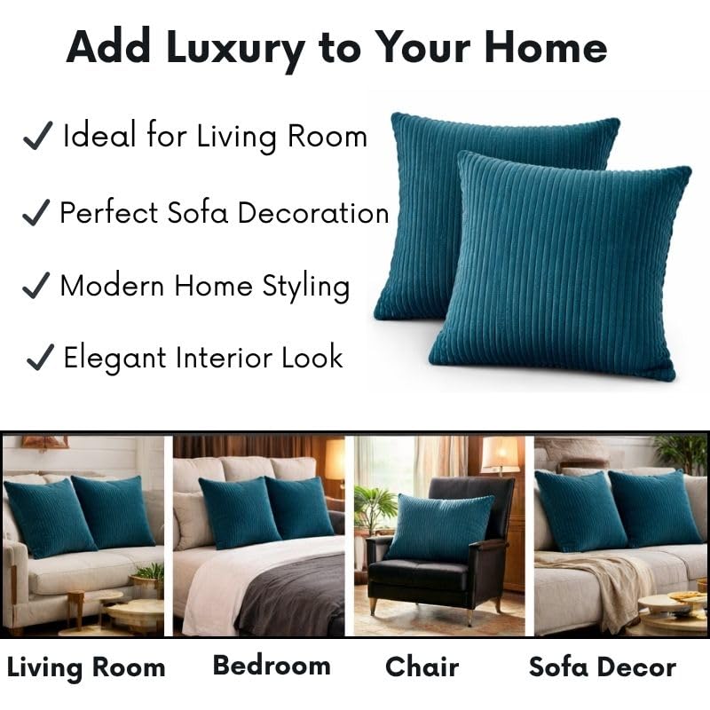 RD TREND® Cushion Cover Set of 2, Decorative Sofa Living Room Home Square Cushion Covers 16 Inch x 16 Inch, Aesthetic Corduroy Striped Double Sided (Green)