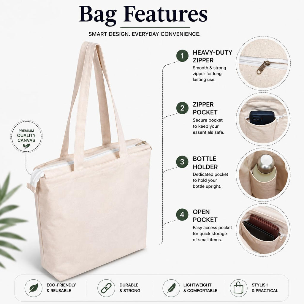 TUNI MANI Stylish Digital Printed Cotton Tote Bag for Women –Multipurpose Ecofriendly Bag with Zipper Closure | Bottle Holder & Inner Utility Pockets (Flower Girl)