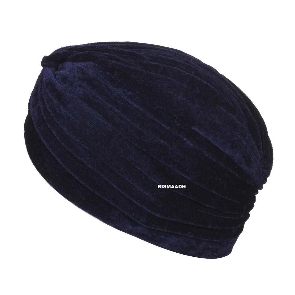 BISMAADH Velvet Soft Pleated Pre Tied Knot Readymade Turban/Pagri Head Wraps for Men & Women Blue