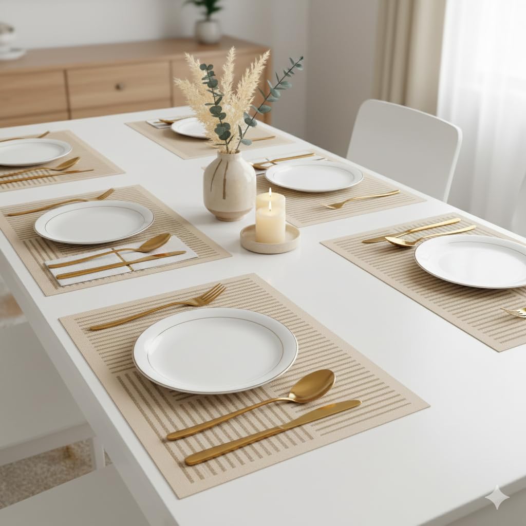 YELONA Leather Dining Table Placemats Set of 6 – Waterproof, Heat Resistant, Anti-Slip, Easy to Clean Table Mats for Dining Table, Kitchen & Home Décor (Tan Beige, 40 x 30 cm) Kafalo