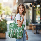 Cotton Quilted Tote Bag for Women, Jungle Print Handbag, Reusable Shoulder Bag with Dual Handles, Lightweight Travel Shopping Tote, Large Capacity Everyday Carry Bag- (Green bag, 15×15 In)