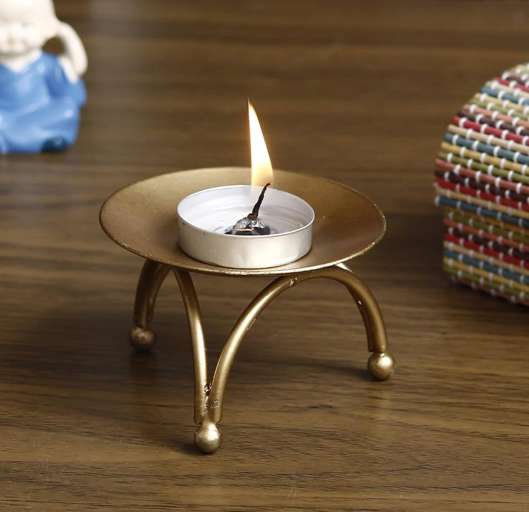 S.S Handicraft Set of 4 Gold Metal Tealight Candle Holders - Decorative T-Light Stands for Home Decor, Diwali, Weddings, and Gifting (Modern Curved Design)