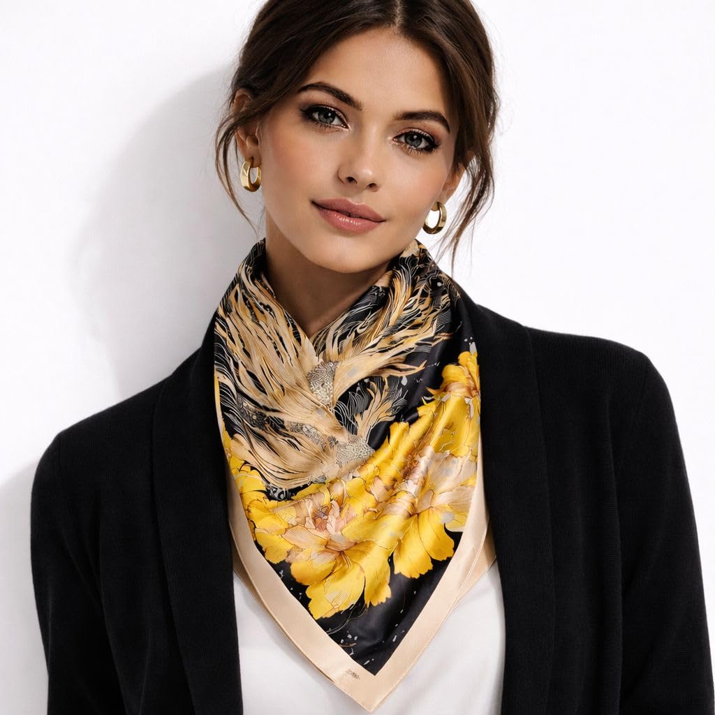 AMN Trendzz Satin Silk Scarf for Women, Stylish Satin Scarf 65×65 cm Square, Scarf for Women Elegant Head and Neck Accessory for Fashion, Travel and Gifting. (Golden Floral Abstract – Black & Yellow)