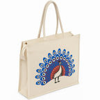 Eco-Friendly Cotton Jute Tote Bag with Peacock Print, Handcrafted Reusable Shopping Bag, Multipurpose Carry Bag