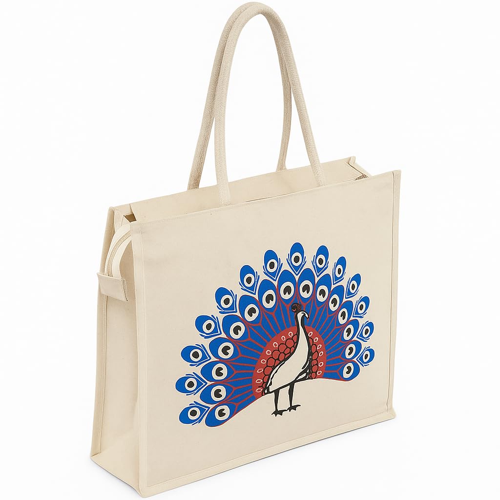 Eco-Friendly Cotton Jute Tote Bag with Peacock Print, Handcrafted Reusable Shopping Bag, Multipurpose Carry Bag