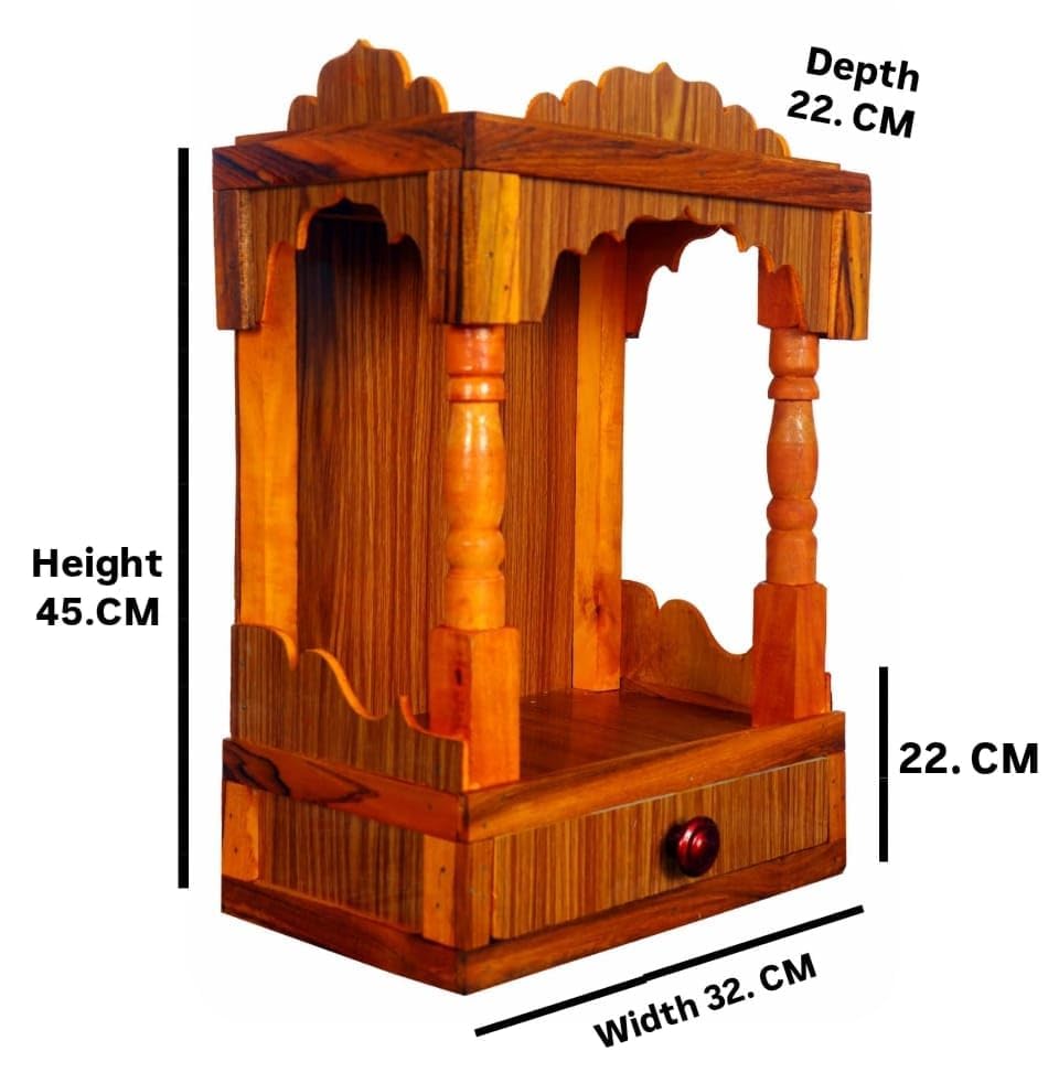 Wooden Home Temple with Drawer, Brown, Traditional Indian Pooja Mandir, Wall or Table Mount