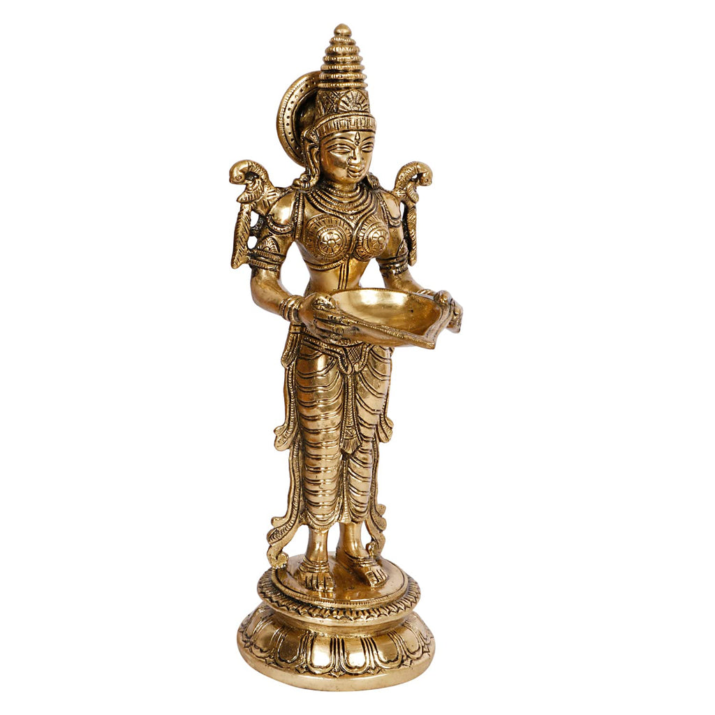 ARTVARKO Brass Deepalakshmi Idol Statue | Goddess Lakshmi Diya Oil Lamp Holder | Handmade Laxmi Murti for Pooja Room Mandir Home Decor Diwali Gift | Glossy Gold Finish | 11.5 Inch