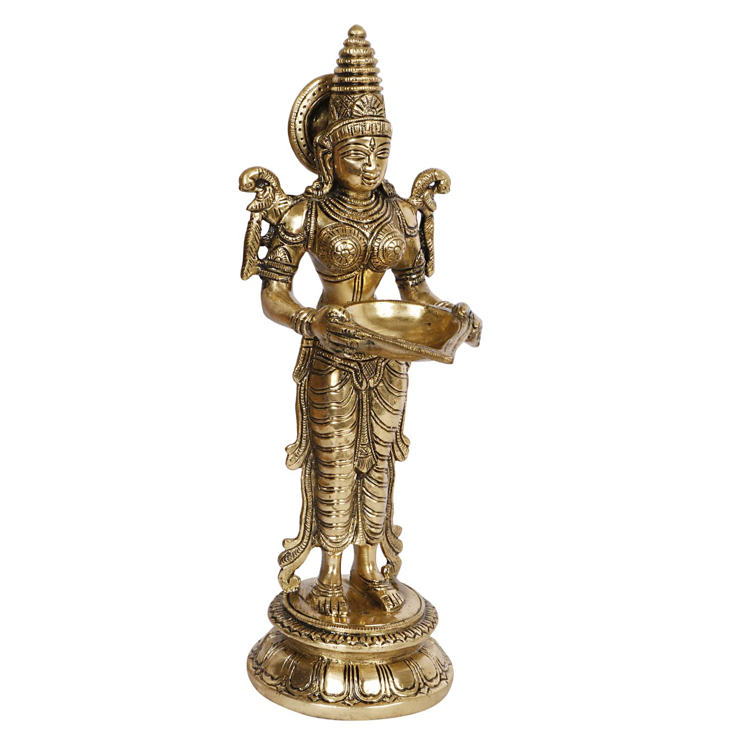 ARTVARKO Brass Deepalakshmi Idol Statue | Goddess Lakshmi Diya Oil Lamp Holder | Handmade Laxmi Murti for Pooja Room Mandir Home Decor Diwali Gift | Glossy Gold Finish | 11.5 Inch